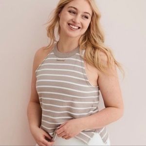 American Eagle Women's Medium White Tan Sweater Striped Terry Halter Tank Top C4